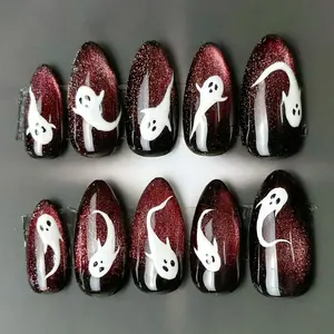 Handmade Ghost Swirl Press On Nails | Glow-In-Dark White Ghosts On Red Glitter Base | Almond Nails For Halloween Vibe
