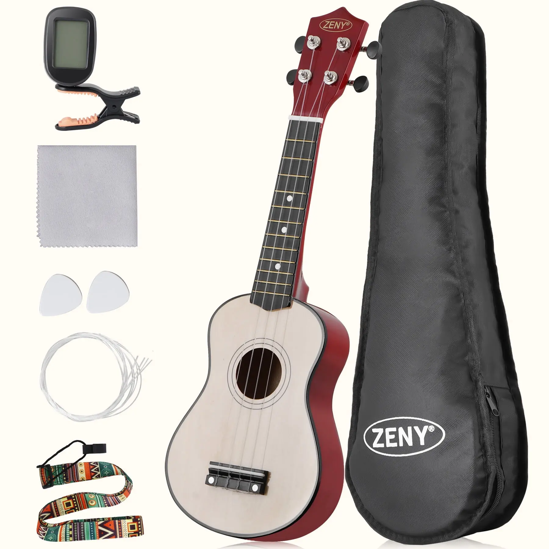 21-Inch Wooden Body Ukulele Kit for Beginners - Complete Set with Solid Wood Neck, Durable Nylon Strings, Digital Tuner, Extra Nylon String, Spare Picks, Gig Bag, Microfiber Cloth, Eco-Friendly Design