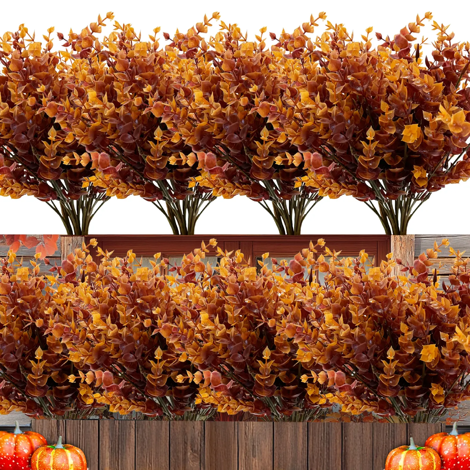 20 Bundles Artificial Fall Flowers for Outdoors Fall Decorations - UV Resistant Fake Mums Faux Plant Plastic Flowers Gardens Porch Fireplace Home Indoor Thanksgiving Autumn Decor(Brown Eucalyptus)