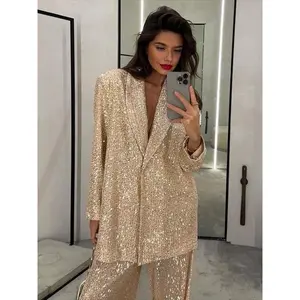 Casual Women's Sequin Blazer Trousers Suit Elegant Sequined Top Pants Pajama Womenswear Long Sleeve Basic