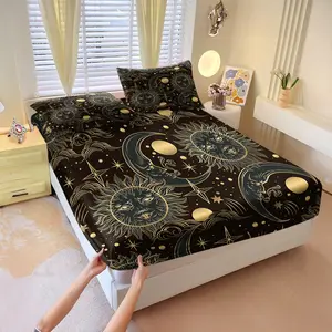 Mystical Golden Sun Moon Faces Fitted Sheet Set Includes 1 Fitted Sheet & 2 Pillowcases without Filler, Super soft & celestial, glows with triple sun-moon goddess, starry swirls & cosmic gold energy. Awaken divine dreams every night!