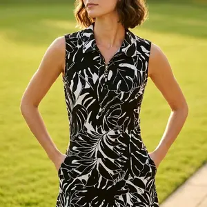 Rafaella XL Sleeveless Polo - Black & White Monstera Tropical Palm Leaf Print