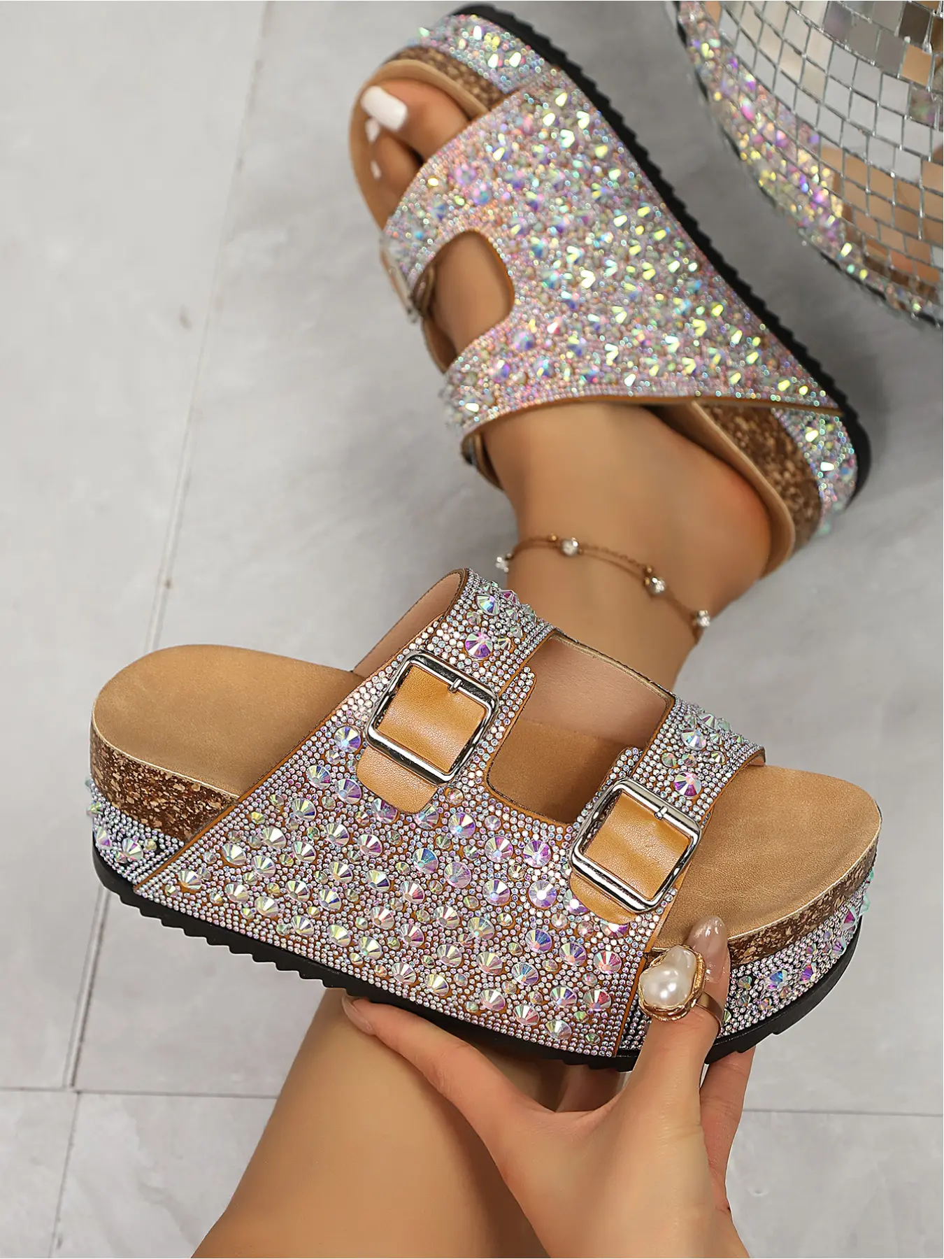 Women's Summer Fashion Casual Trendy Sandals, Thick Sole Sandals Bohemian Trending Sandals Boho Ethnic Style Strappy Metal Buckle Height Increasing Holiday Beach Shoes Dopamine Colors Y2K Hot Girl Muhave Full Rhinestone Thick Sole Slides New 2026