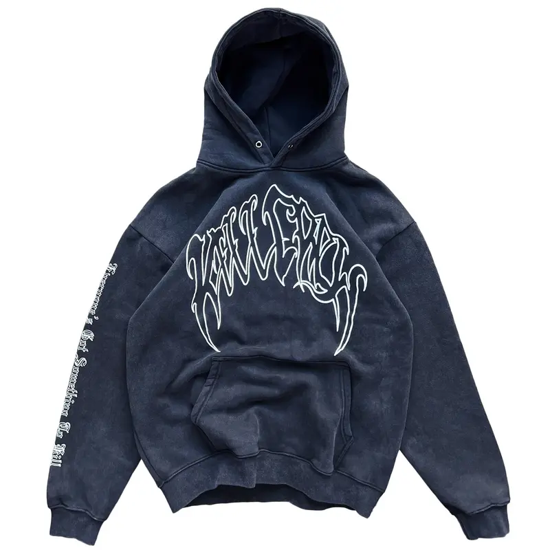 Men's Stone Washed Oversized Graphic Hoodie - Soft Cotton-Poly Blend Fleece, Long Sleeve Pull-On, 90S Style, Tie Neck Casual Top, Ribbed Cuffs & Hem, Bold Black Design, Men's Hoodies to Buy