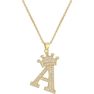 A-Z Crown Initial Necklace for Men Women  Plated Iced Out Monogram Pendant with 18"Chain+2"(Extended) DIY Name Jewelry