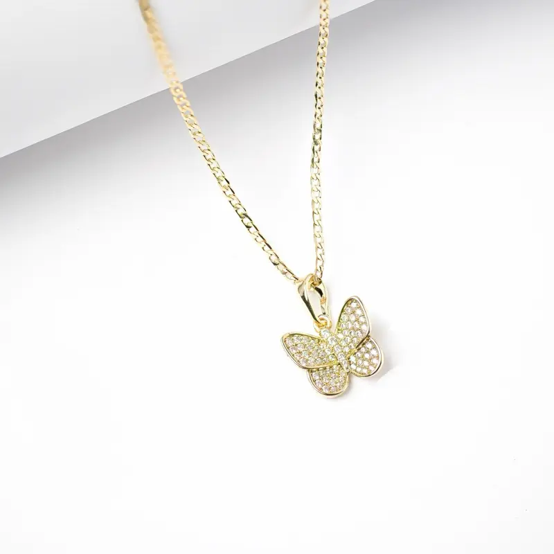 Women's 14 Karat Gold Laminated CZ Paved Butterfly Pendant Necklace - 2mm Chain (16-18-22 in), Secure Clasp, Lightweight Feminine Energy Gift for Women, Butterfly Necklaces, Dainty Pave Necklaces
