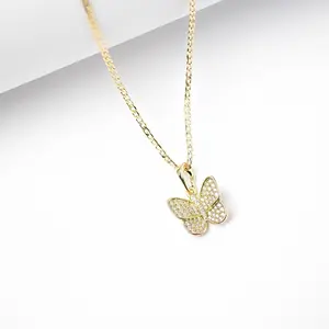 Women's 14 Karat Gold Laminated CZ Paved Butterfly Pendant Necklace - 2mm Chain (16-18-22 in), Secure Clasp, Lightweight Feminine Energy Gift for Women, Butterfly Necklaces, Dainty Pave Necklaces