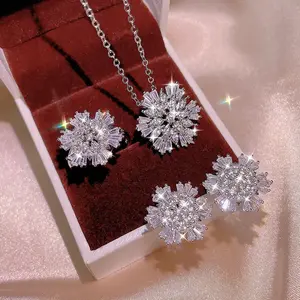 Snowflake shaped jewelry set including necklace earrings and ring, ideal for bride wedding, perfect Valentine's gift
