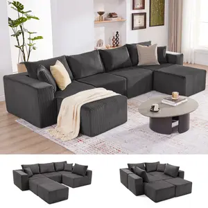 【3 packages shipping】135.4" Cloud Couch Sectional, Modular Sofa with Deep Seat, Plush Corduroy U Shaped Boneless Couch, Convertible Sectional Couches for Living Room, 6Seat,