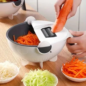 7-in-1 Multi-Functional Plastic Manual Vegetable Slicer with Drain Basket - White Kitchen Utensil for Shredding Radish, Potatoes, Cucumbers