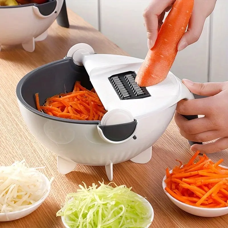 7-in-1 Manual Vegetable & Fruit Cutter - Durable White PVC Plastic Manual Cutter with Drain Basket Included, 7 Interchangeable Blades for Home Cooking Prep of Radish, Potatoes (Kitchen Utensil)