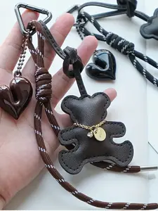 Black-Brown Pu Teddy Bear Heart Pendant｜Vintage Sweet-Cool Style Heart Pendant With Lanyard And Triangular Spring Clip, Suitable For Bags And Keys, A Great Accessory For Daily Outfits, Keychain For Bags