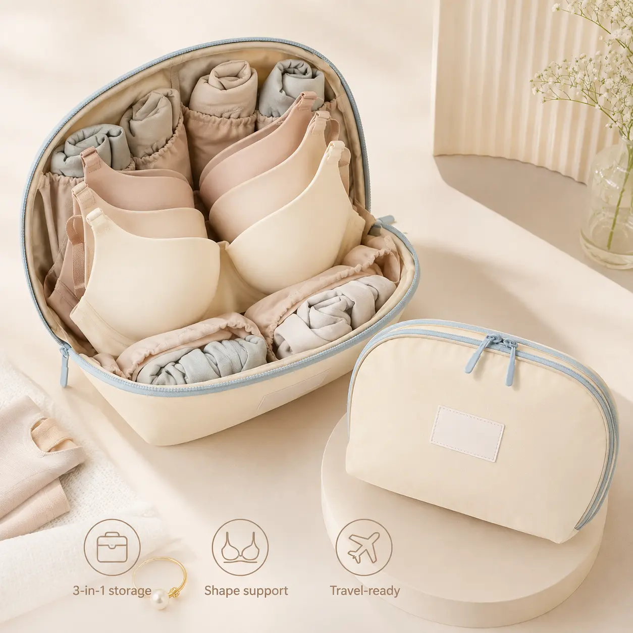 3-in-1 Fabric Multi-Use Travel Underwear Organizer Bag - Compact, Practical, Portable Zipper Pull-Tab Pouch for Bra & Underwear Storage in Suitcase, Drawer (Back to School)