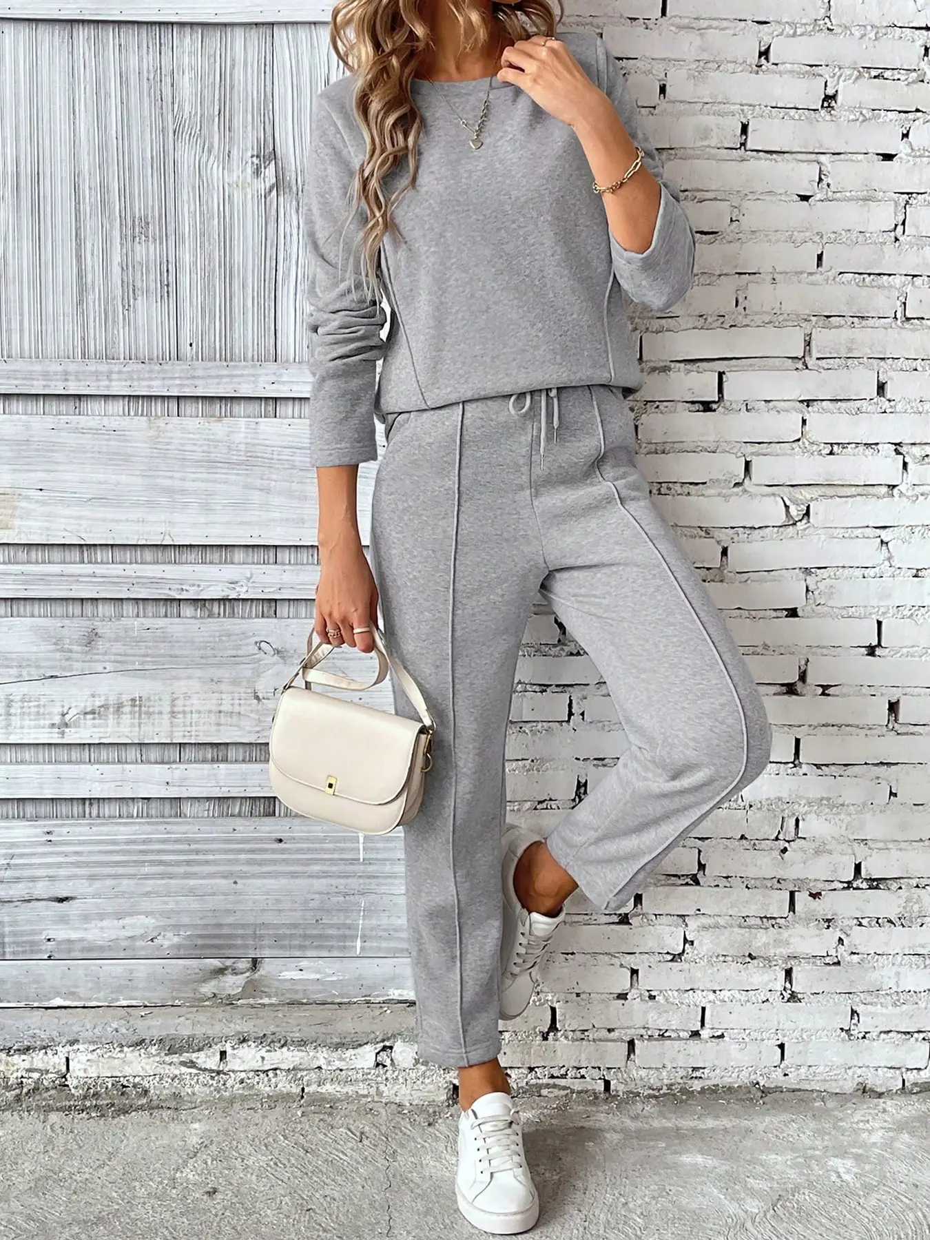 Women's Long Sleeve Casual Fitted Top & Pants Set, Solid Color Round Neck Sweatshirt, Warm Sporty Outdoor Wear for All Seasons, Chic