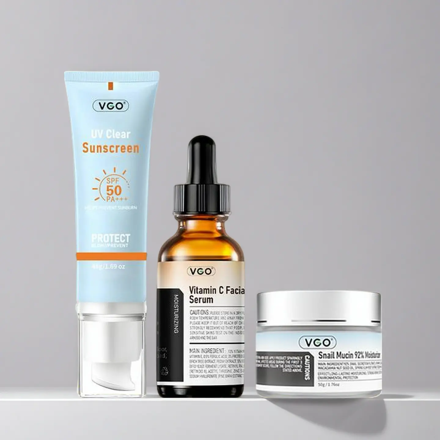 VGO All - in - One Glow Kit: 92% Snail Mucin Cream for Intense Hydration & Revitalization, Vitamin C Serum to Illuminate, and SPF 50 Sunscreen to Defend Against the Sun