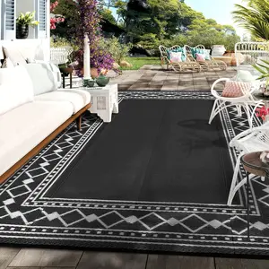 Rug 9x12 Waterproof Reversible Straw Rug with Carry Bag, Border Rug Mat Reversible Camping Carpet for RV Porch Deck Backyard Balcony Trailer,Black