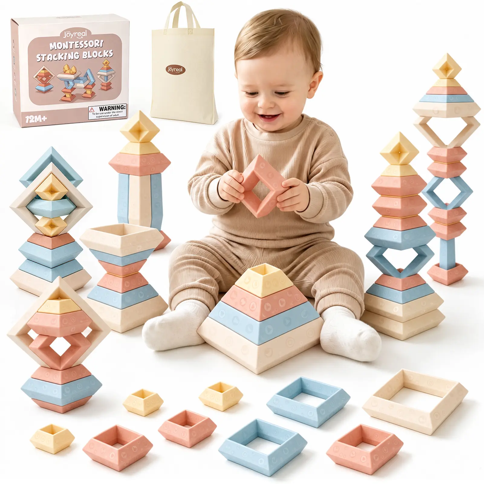 Joyreal Montessori Stacking Blocks for Toddlers 1-3, 30PCS Nesting & Building Toys with Storage Bag, Educational Fine Motor Learning Toy, Preschool STEM Stacking Blocks for Boys Girls 12M+