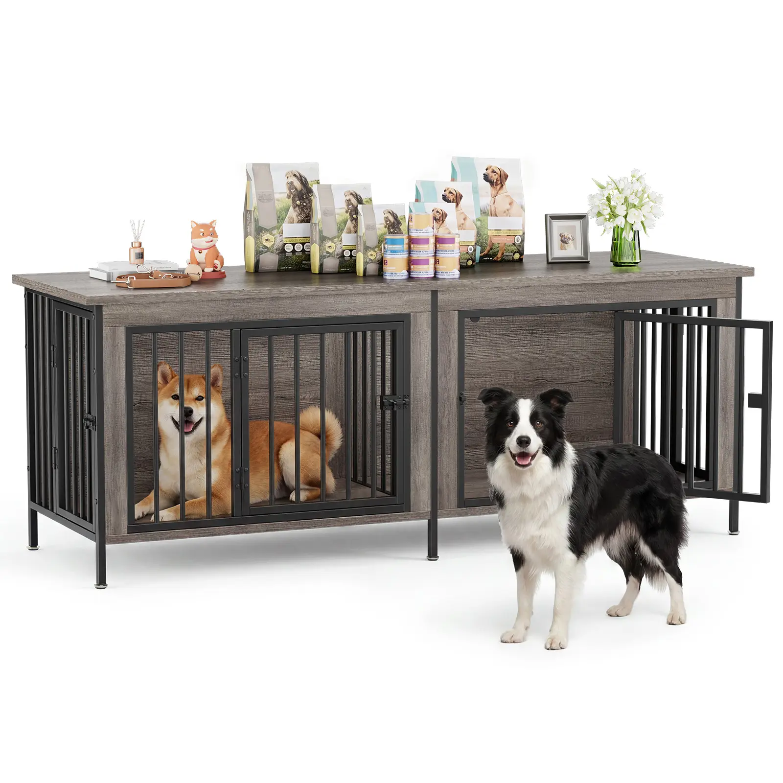 Double Dog Crate Furniture for 2 Dogs,Heavy Duty Dog Kennel Furniture with Divider,Indoor Pet House End Table TV Stand with Extra Large Double Door