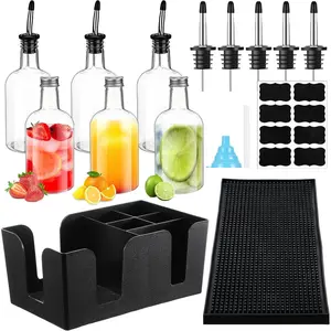 6 Sets 16 oz Plastic Long Neck Bottles with Pourers, Caps, Mats for Bartending, Plastic Bar Caddy Organizer for Bar Supplies Liquor Juice Store Syrup Bottles Pourers