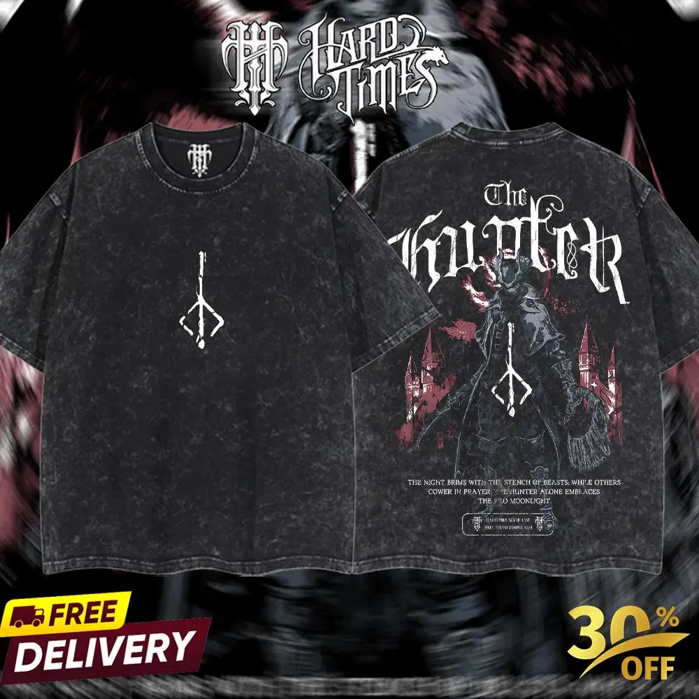 Men's Unisex Oversized Acid-Washed Heavyweight Soft Cotton Fabric T-Shirt, Casual Round Neck Seamless Short-Sleeve Streetwear Clothes, Hunter Bloodborne #2 Elden Ring Retro Vintage Anime Manga Merch Gift for Fans