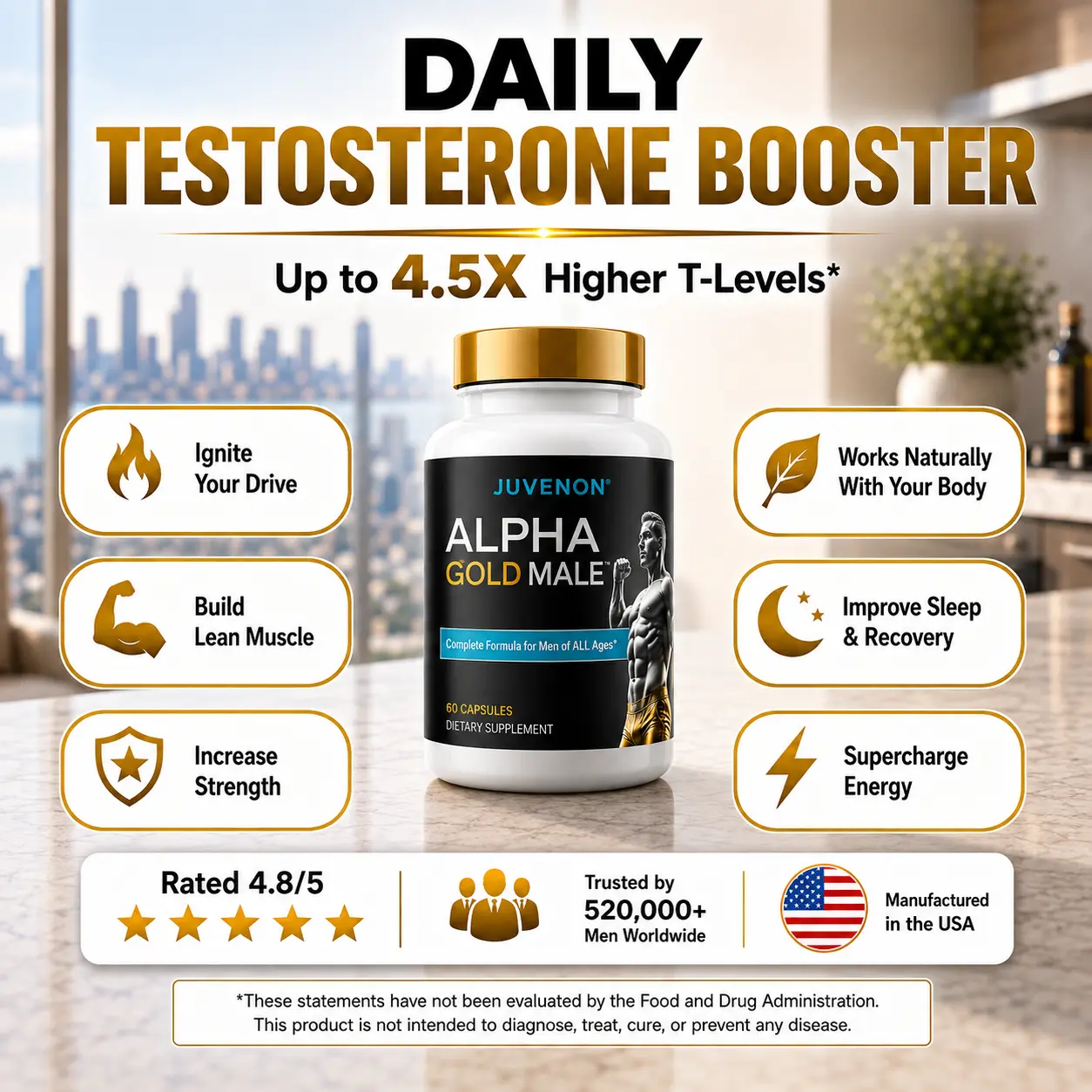 Juvenon Alpha Gold Male Testosterone Support Nutrition Supplement for Men 40+ - Daily Vitality Booster for Natural Energy, Strength, Stamina, Drive - Supports Lean Muscle & Healthy T-Levels - 60 Capsules