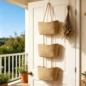 Over The Door Hanging Basket 3-Tier Woven Boho Wall Mounted Storage Organizer with Hooks for Bedroom Nursery Bathroom Apartments Dorm Pantry Decor, Jute#DealsforyouDays#SummerWins