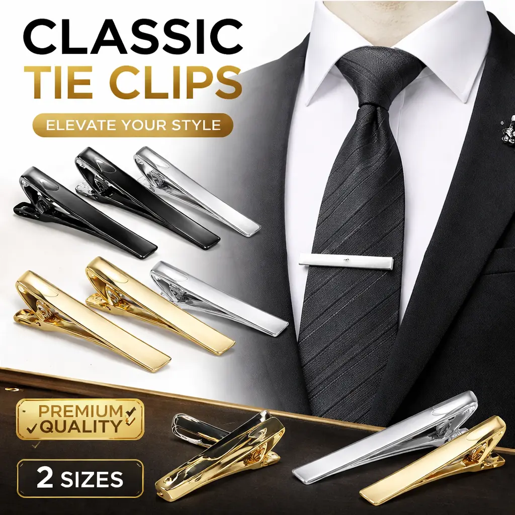 6-Pack Men's Classic Tie Clips – Gold, Silver & Black Tie Bars for Business, Wedding & Formal Attire – Jewelry Gifts for Dad, Husband, Boyfriend
