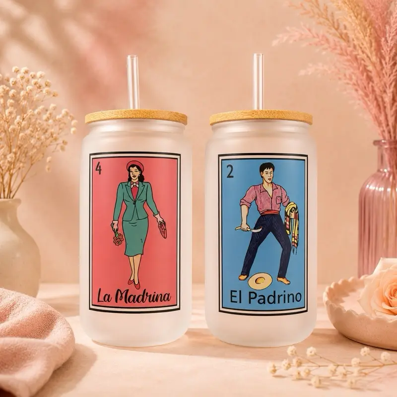 Frosted Glass Cups, Padrino Madrina Loteria Themed Decorative Cups
