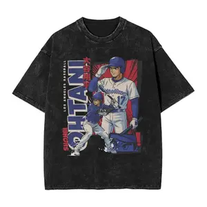 Ohtani Dodgers Anime Style Graphic Tees Oversized Shirts Men's Shirts Washed Cotton Tee Short Sleeve O Neck Casual Streetwear Daily Outfit With Jeans Sneakers Cap Ideal Sports Fan Gift