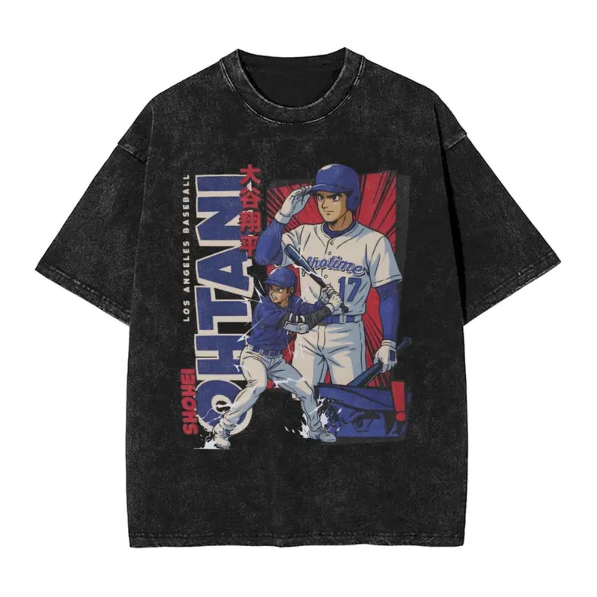 Ohtani Dodgers Anime Style Graphic Tees Oversized Shirts Men's Shirts Washed Cotton Tee Short Sleeve O Neck Casual Streetwear Daily Outfit With Jeans Sneakers Cap Ideal Sports Fan Gift