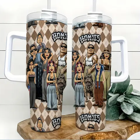 40oz Classic Heat-Resistant Stainless Steel Lowrider Flask - Wide Mouth Insulated Car Cup with Lid, Handle, Straw, Coffee Drinkware for West Coast Vintage Latino Street Culture Fans