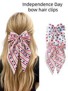 2pcs American Independence Day Flag Print Bow Hair Clips, Blue Star Striped Ribbon, Party Styling, Daily Use