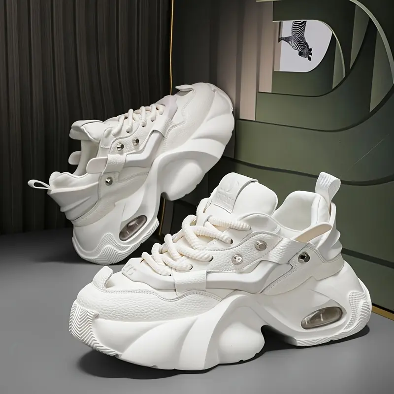 Men's Chunky White Sneakers - Breathable & Cushioned with Air-Sole Technology, Stylish Low-Top Lace-Up Shoes for Business, Hiking & Casual Attire