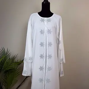 Amina Dubai Abaya - White Embroidered Floral Design Long Sleeve Dress for Women