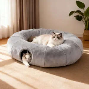 Cat Tunnel with Bed for Indoor Cats, Soft Plush Peekaboo Cat Cave Donut Tunnel, Multifunctional Playground Toys Hideplace for Kittens, Rabbit, Ferret,cat stuff,cat toys,Halloween doghouse cat  sleeping  bag