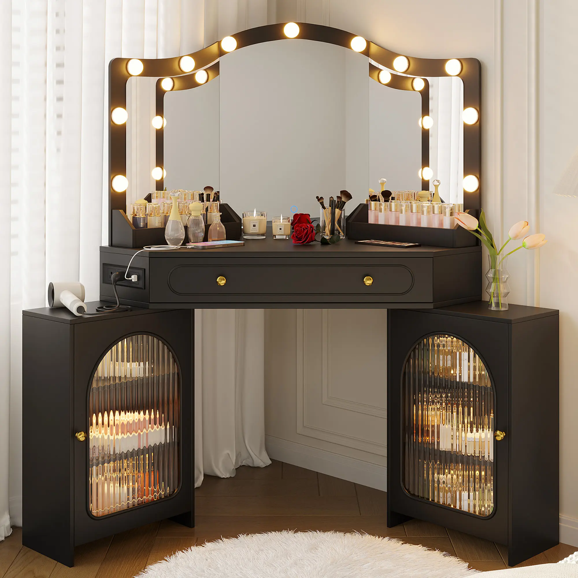 Casvik Makeup Vanity Table with Mirror and Hollywood Light Bulbs, Black Corner Vanity Desk with Large Storage Drawer, Light Up Vanity, Built-in Power Outlet for Bedroom, Dressing Room