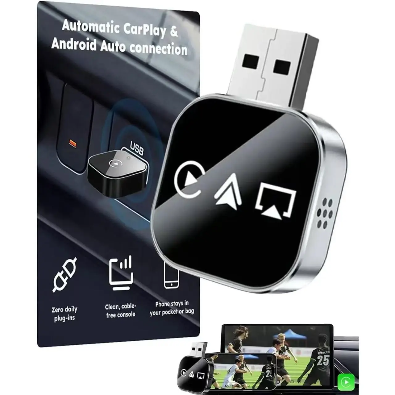 Wireless Carplay Adapter, 3-In-1 USB A/c Android Car System Bluetooth-compatible Video Box, Screen Mirroring for iOS, Car Play Accessory for iPhone, Android Auto Adapter