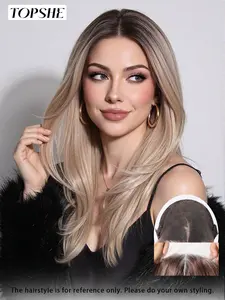Topshe 13x6 Glueless Lace Front Wig, Deep Root Gradient Gold Fiber Hair, Breathable Lace, Natural Layered Cut, Long Straight, Heat Resistant, Glueless Lace Frontal