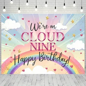 1 piece of "We are in the Cloud" Happy Birthday Party Banner - Rainbow Cloud 9th Birthday Background Decoration, Polyester Festival Party Decoration, suitable for home, studio, and festival activities,