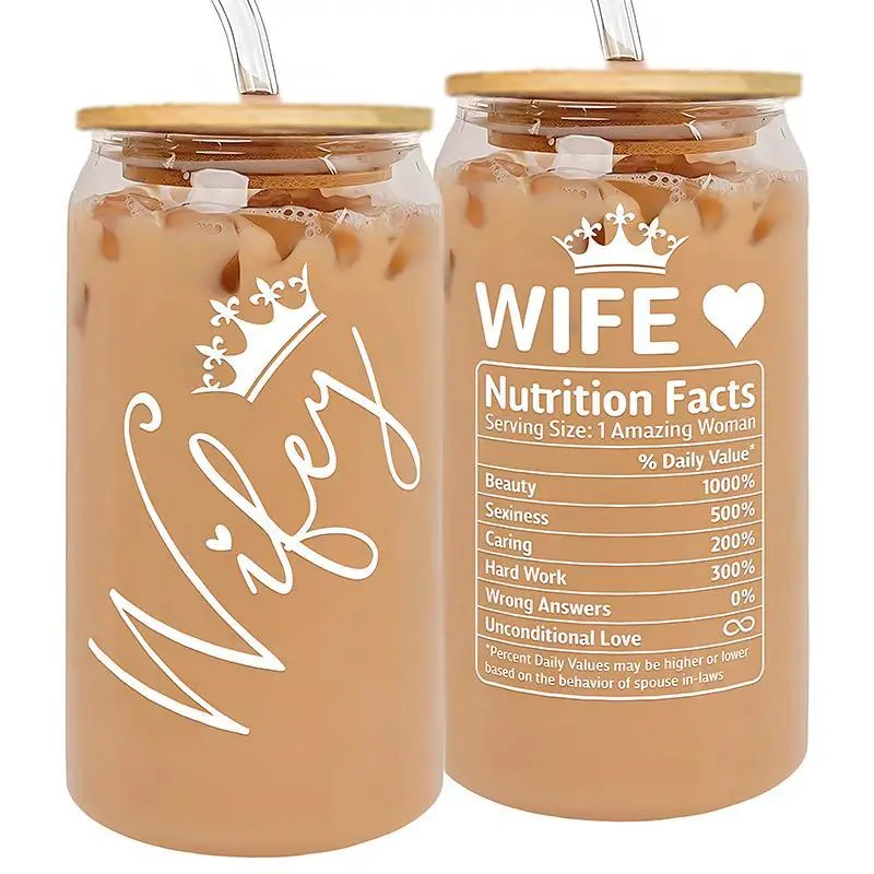 16oz Glass Jar with Lid, 1 Count Wife Letter Pattern Glass Cup with Straw & Straw Brush, Glass Bottles for Home Kitchen, Gift for Wife