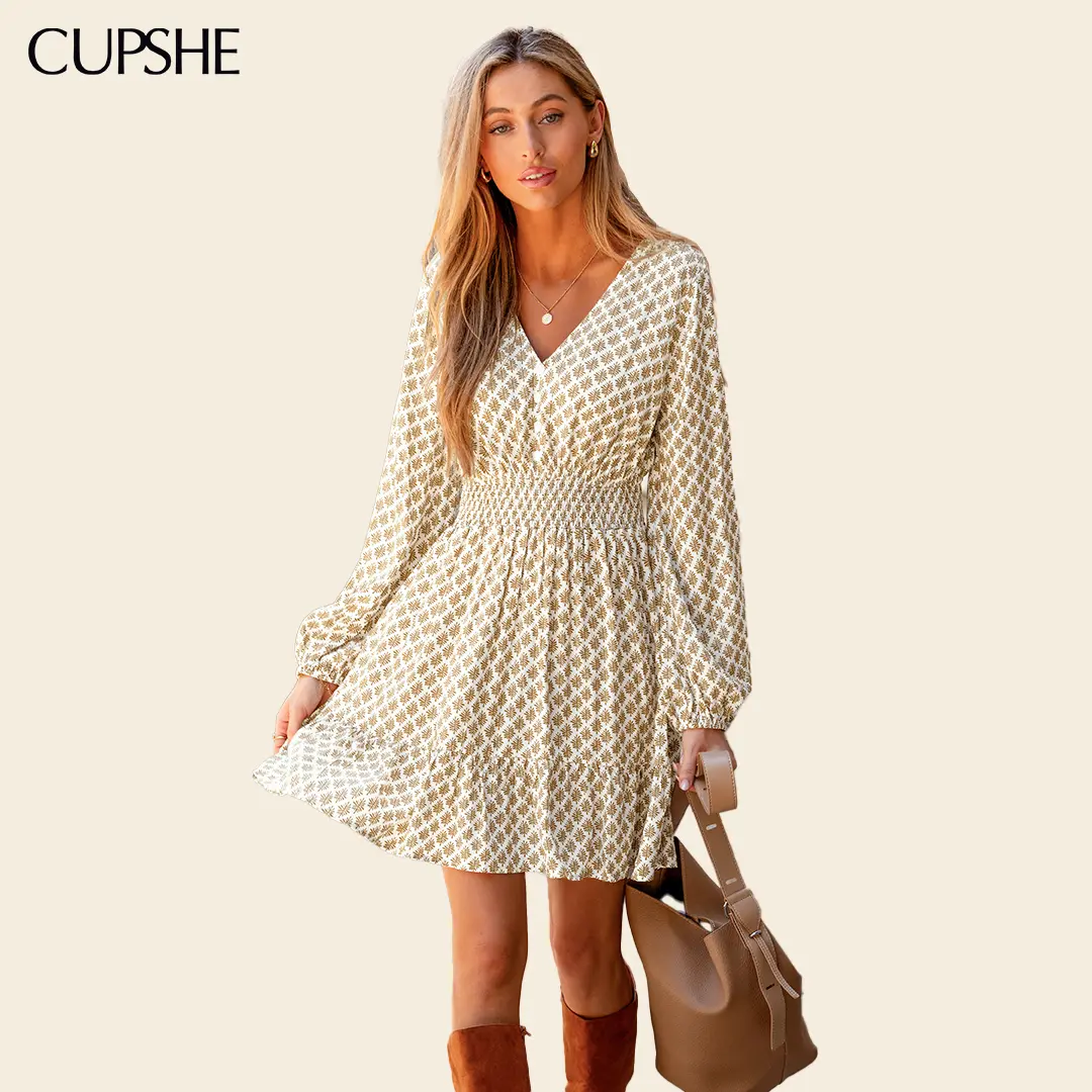 CUPSHE Women's Darling Detail Mini Dress, Long Sleeve V-Neck Geometric Print Dress, Smocked Waist A Line Dress with Ruffle Hem Detail, Elegant Summer Beach Vacation Dress, Resort Wear, Casual Holiday Weekend Style#tiktokshopbacktoschool