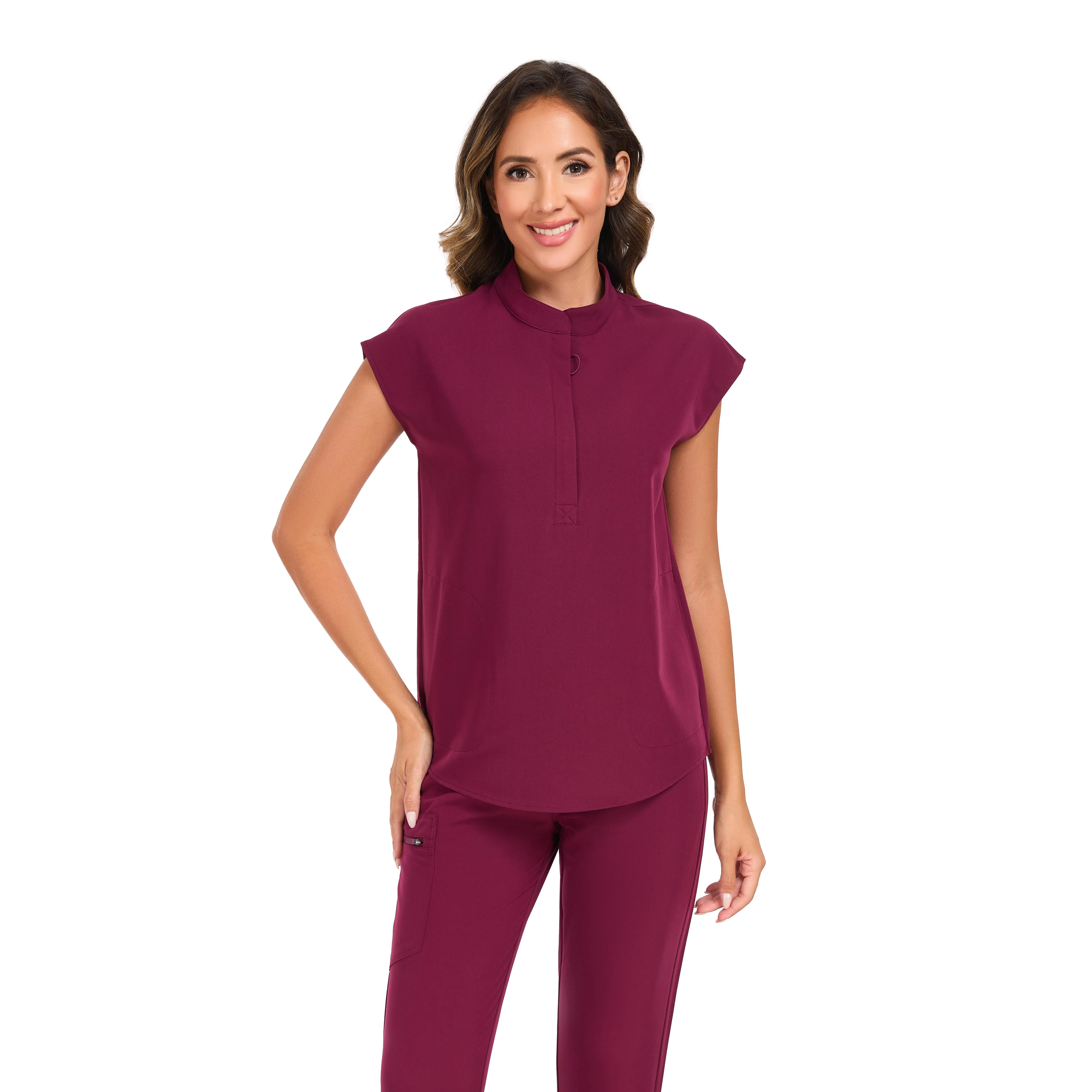 VECARDI Women's Scrub Top 4-Way Stretch Work Blouse Short Sleeve Zipper Front Two Pockets Classic Red Womenswear Casual