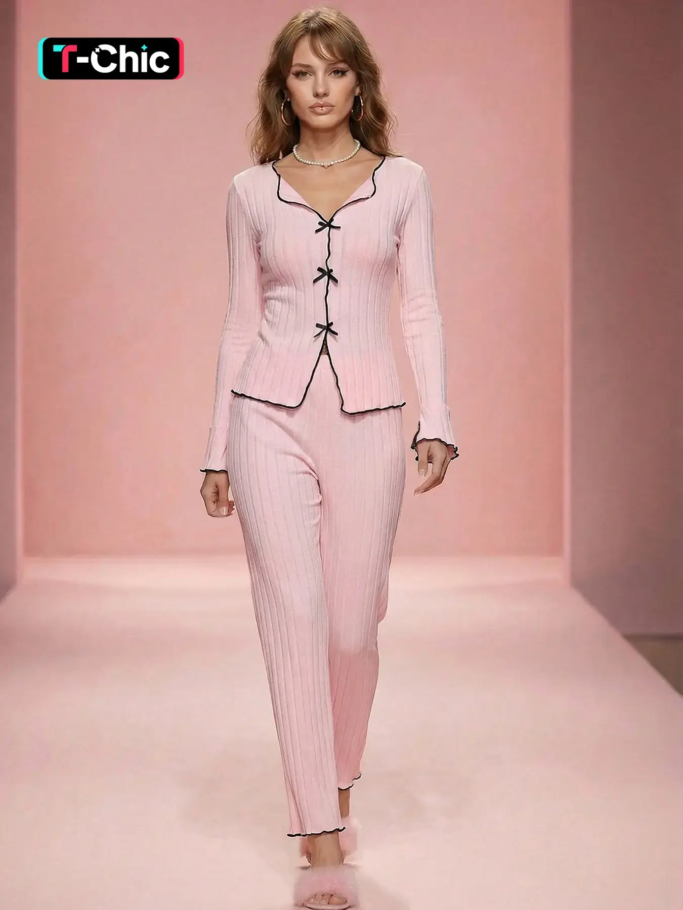 Women's Sleepwear Pajama Set Spring Autumn Winter Plain Thick Sweet Bow Lace Comfortable V-Neck Long Sleeve Pants Home Wear Two-Piece Loungewear