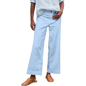 Women's Wide-Leg Nine-Point Pants Elastic High-Waist Linen Formal Casual Work Pants with Pockets Beach Fabric Loose Sweatpants
