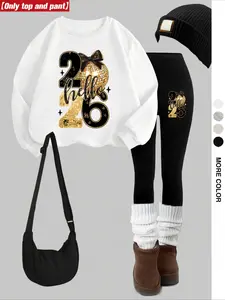 Women's Casual Sweatshirt Set 2 Piece, New Year 2026 Print, Round Neck Long Sleeve, Long Pants, Fall Winter Fashion