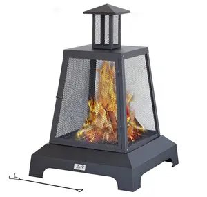BALI OUTDOORS 27.5" Square Chimenea Wood Burning Fireplace – Iron Fire Pit with Fire Poker, Mesh Spark Screen & Charcoal Grid for Garden and Backyard