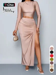 Aliling Women's Solid Two-Piece Set, Boat Neck Long Sleeve Crop Top and Ruched Split High Waist Long Skirts, Elegant Chic Minimalist Fashion Outdoor Wear, Women's Clothing for All Seasons, Womenswear
