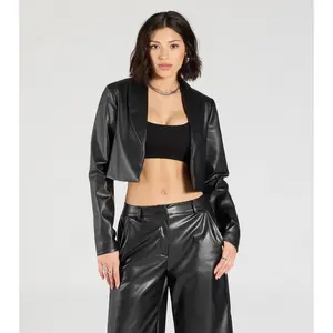 Chic Layer Faux Leather Cropped Blazer
