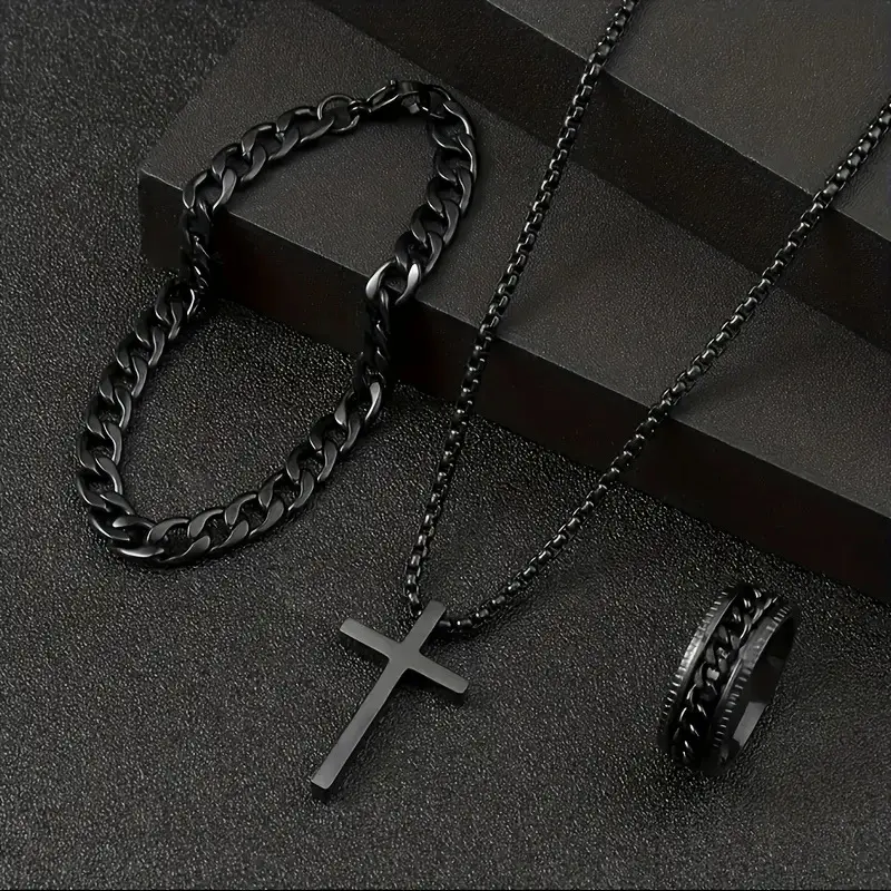 Fashionable New Universal Accessories Set: Bracelet, Ring, Cross Necklace 3-Piece Set
