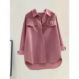 Plus size women's casual fleece long sleeved shirt - soft pink solid color, H-cut asymmetrical hem and fake pocket, machine washable for all seasons comfort, button front, structural sleeves